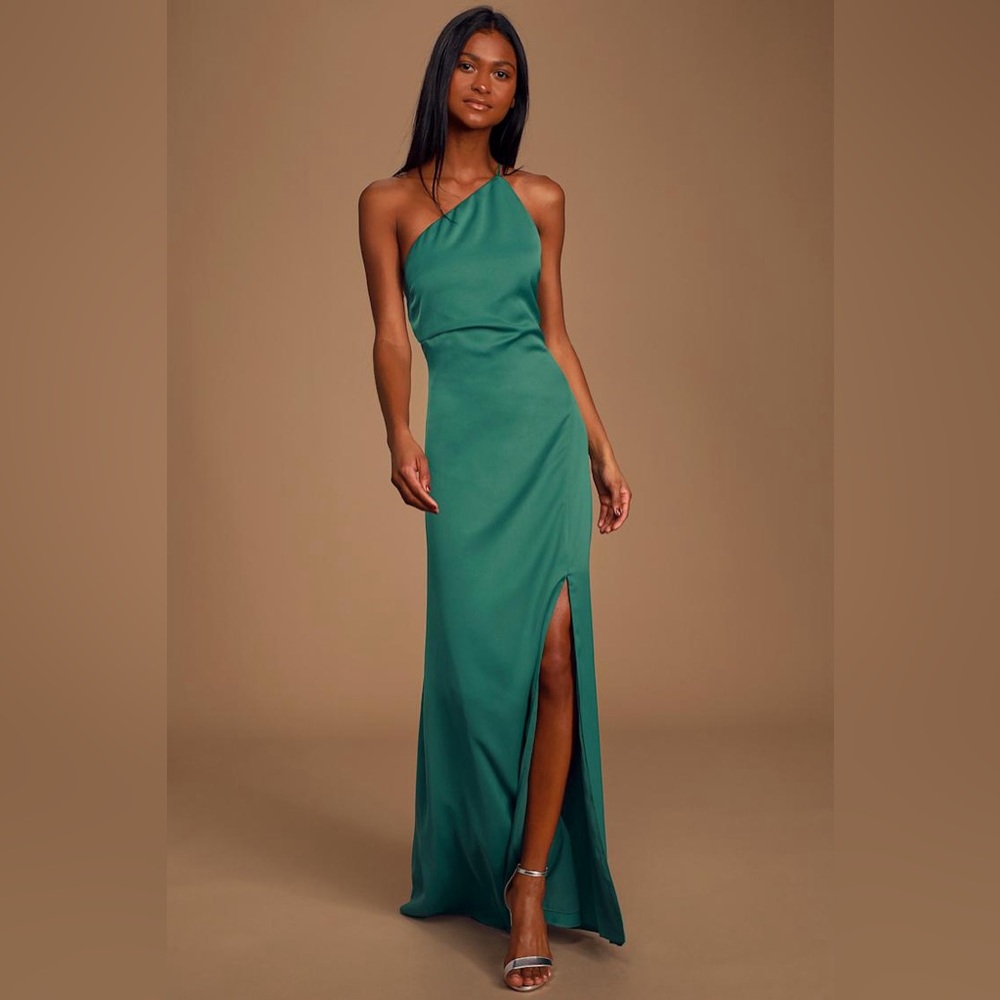 Keepsake Captivating Teal Green Satin One-Shoulder Maxi Slip Dress size 4